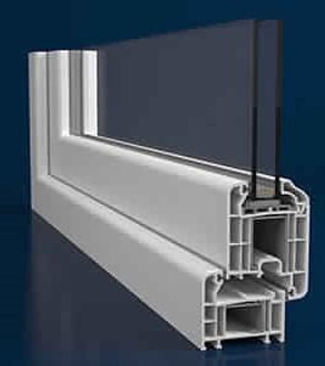 Hinged uPVC profile cut open to show its chambers and double glazing
